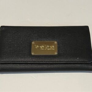 Bebe Black Wallet with Textured Leather and Gold Hardware